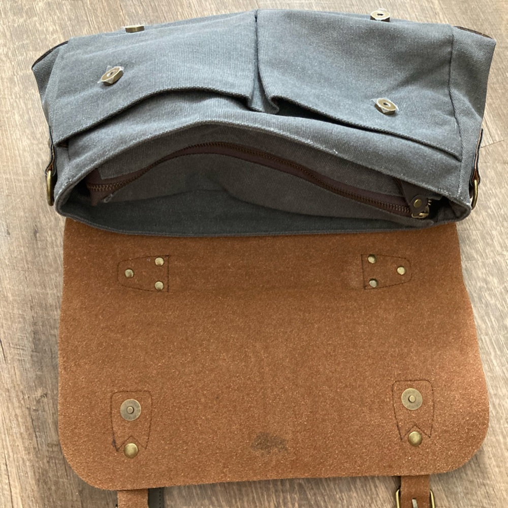 Buffalo Leather & Cotton Canvas Portfolio Business Briefcase Travel Bag - Picture 8 of 16